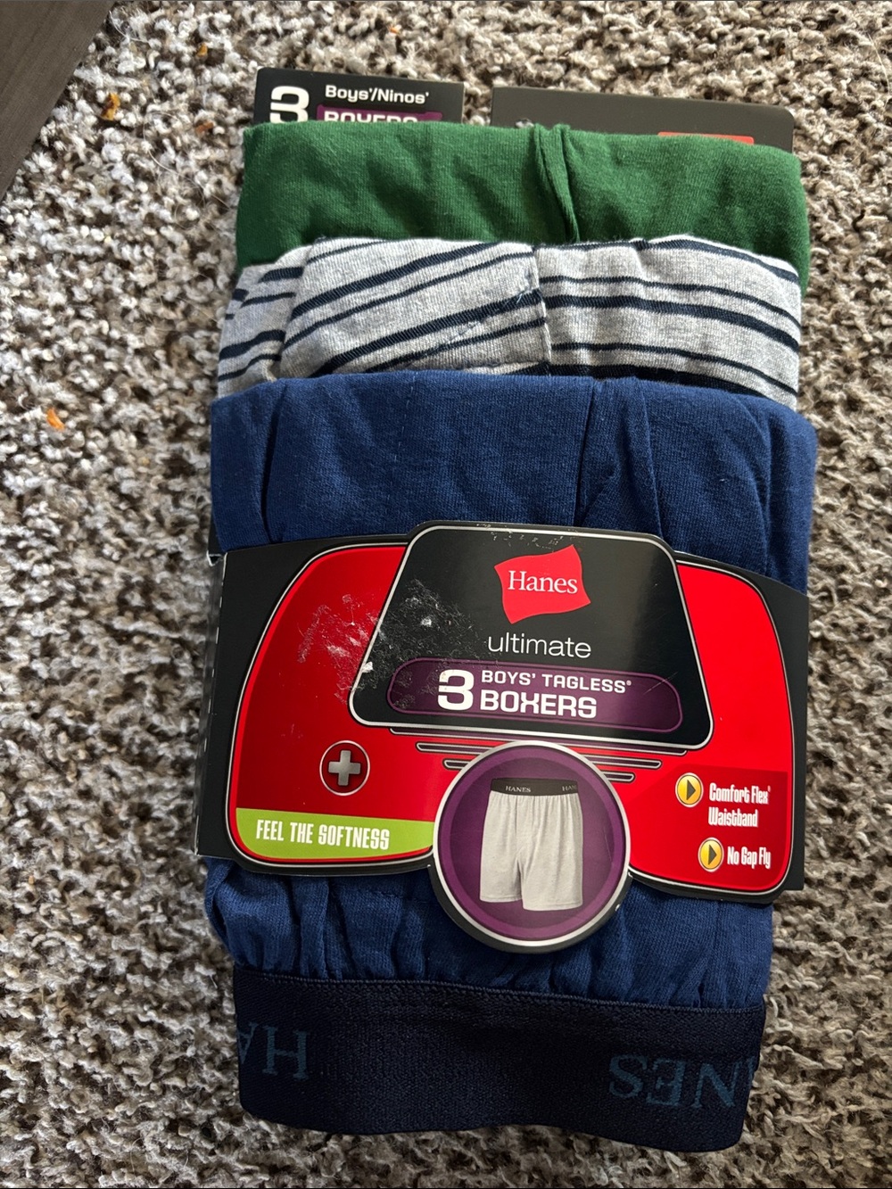 Hanes Boxers Underwear Boys XL 18-20 Gray & Green Tagless 3 Pair